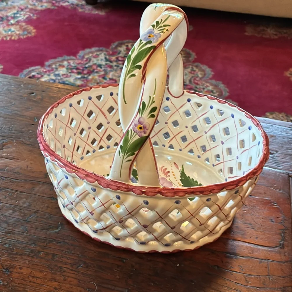 Vintage Portuguese Pottery Floral Ceramic Basket with Pink Trim - Picture 6 of 10